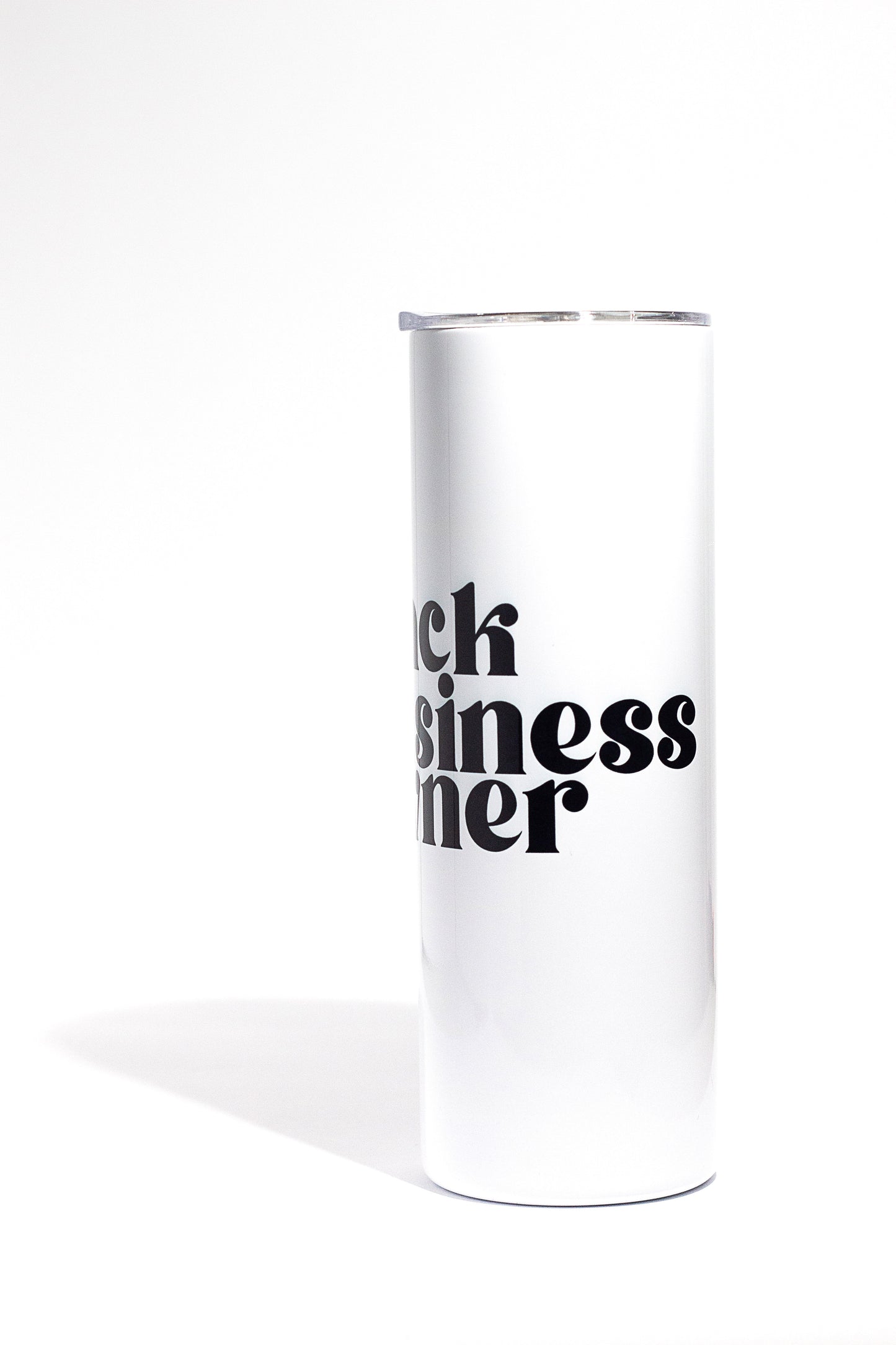 20oz white tumbler with black business owner written in black