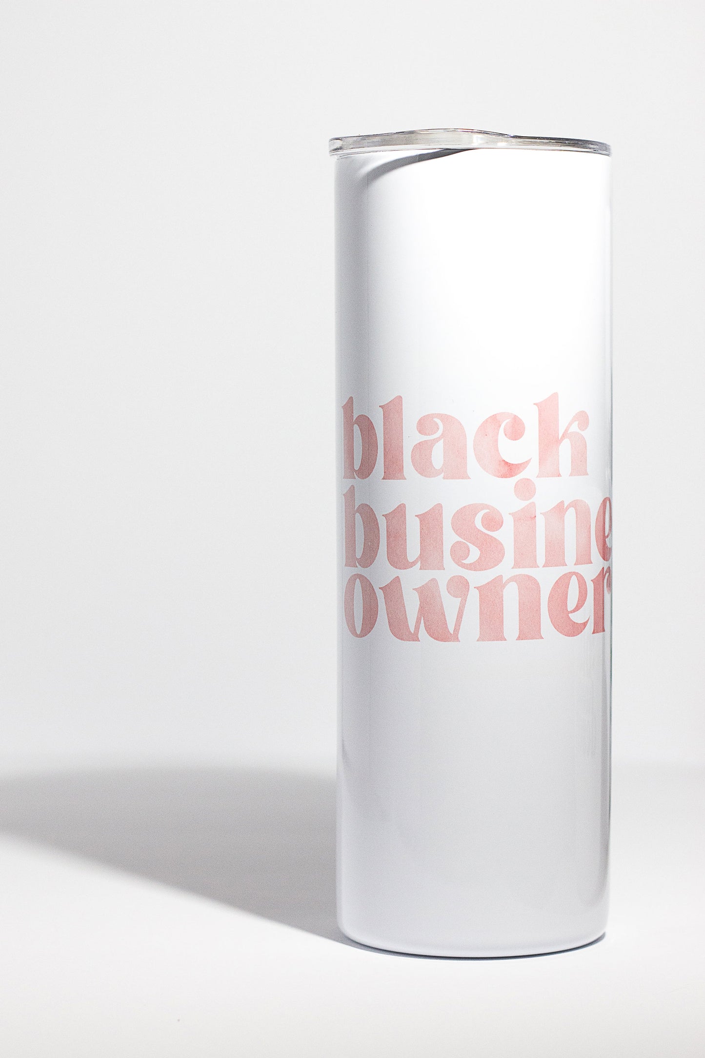 20oz white tumbler with black business owner written in pink watercolor text