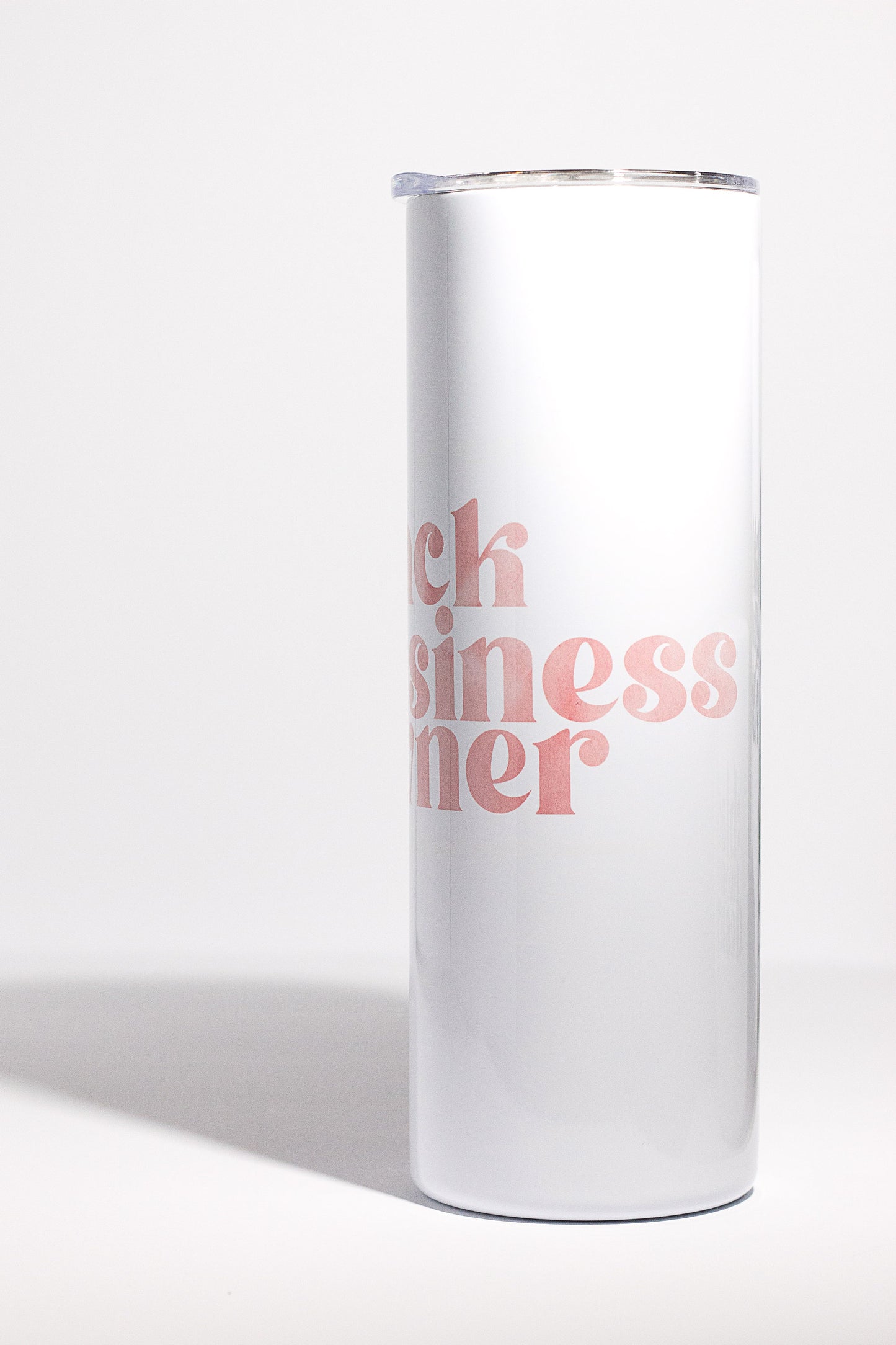 20oz white tumbler with black business owner written in pink watercolor text