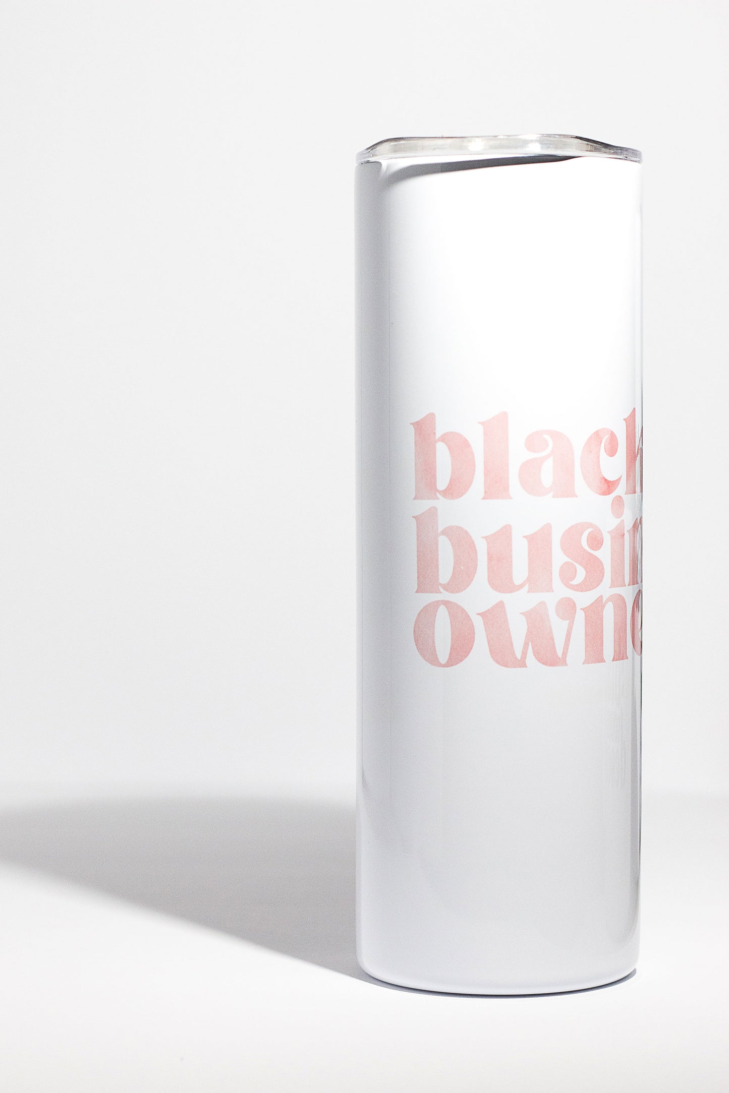 20oz white tumbler with black business owner written in pink watercolor text