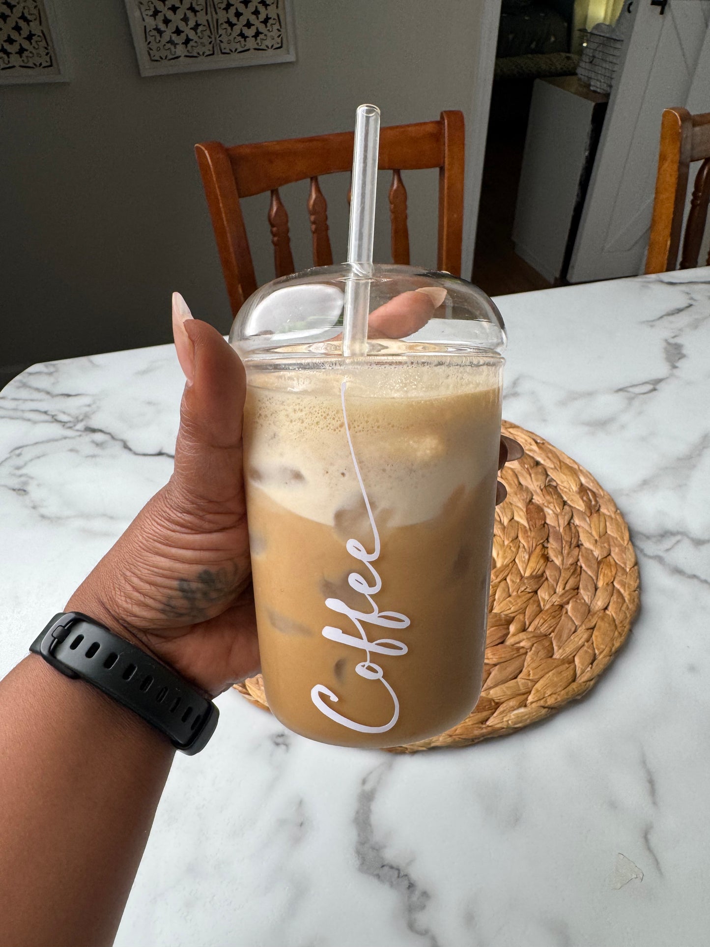 "Coffee" Glass Cup with Dome Lid and Straw