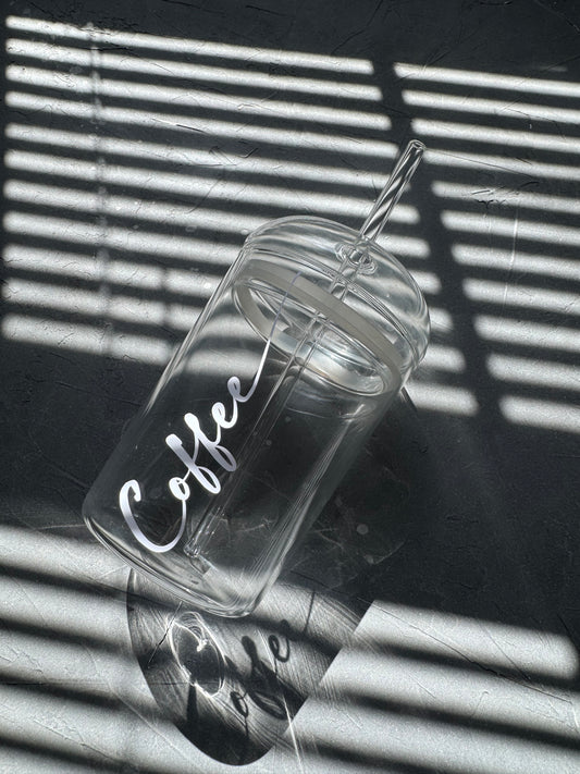 "Coffee" Glass Cup with Dome Lid and Straw