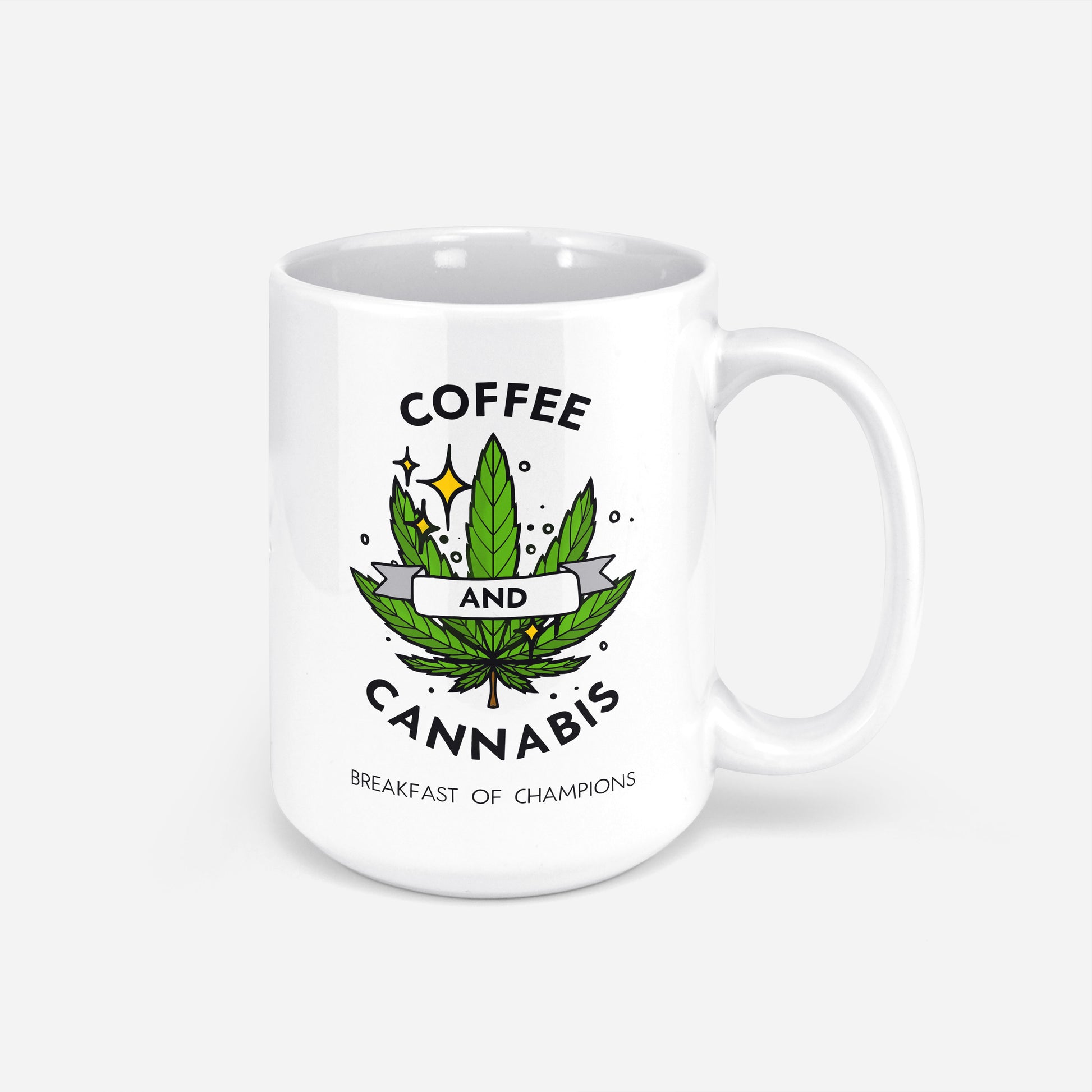 Coffee and Cannabis written on a white ceramic mug with a green marijuana leaf