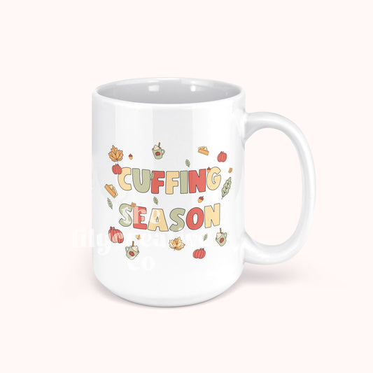 Cuffing Season 15 ounce coffee mug adorned with leaves, coffee and pie