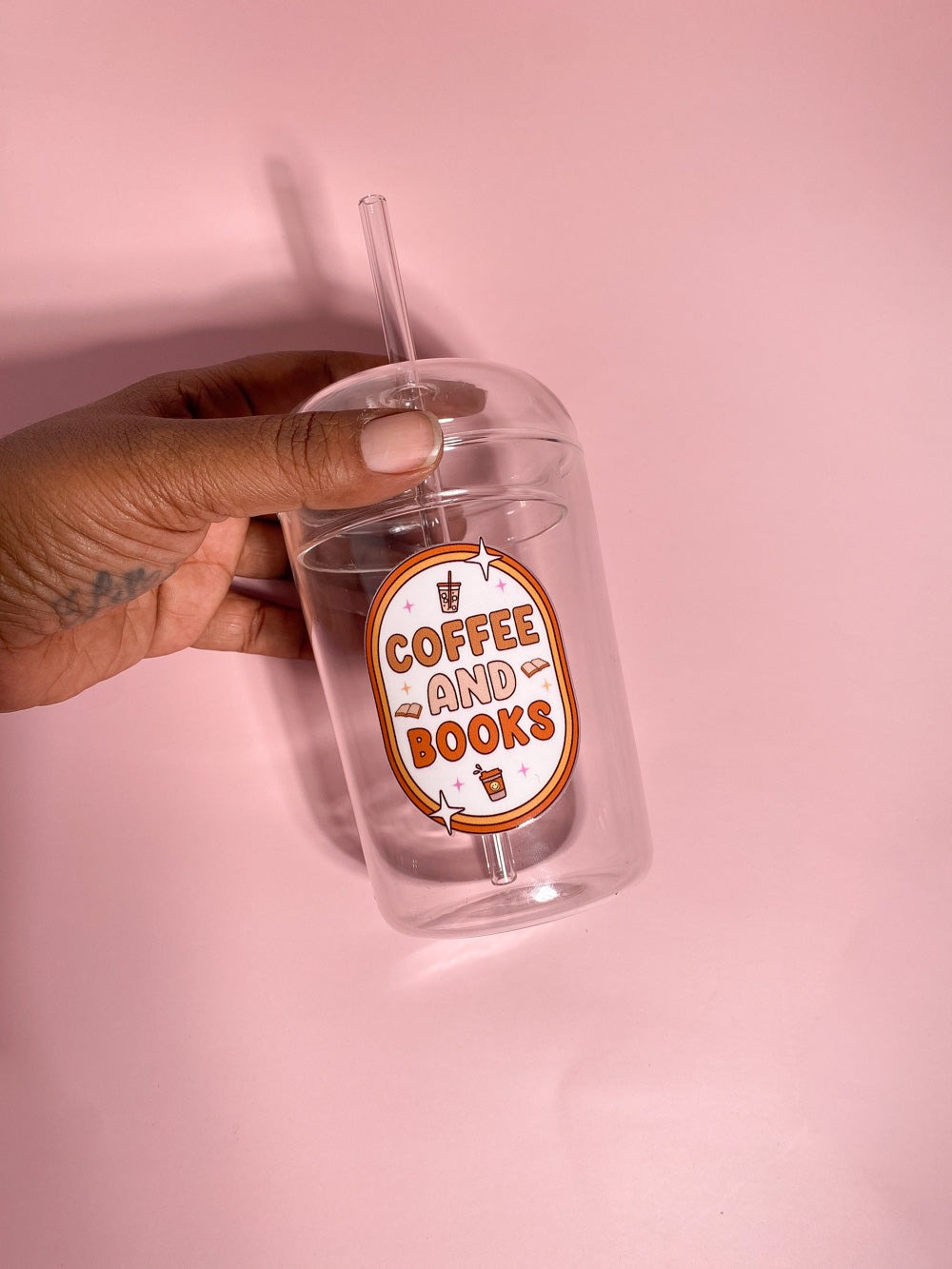 Coffee & Books Glass Cup with Dome Lid and Straw