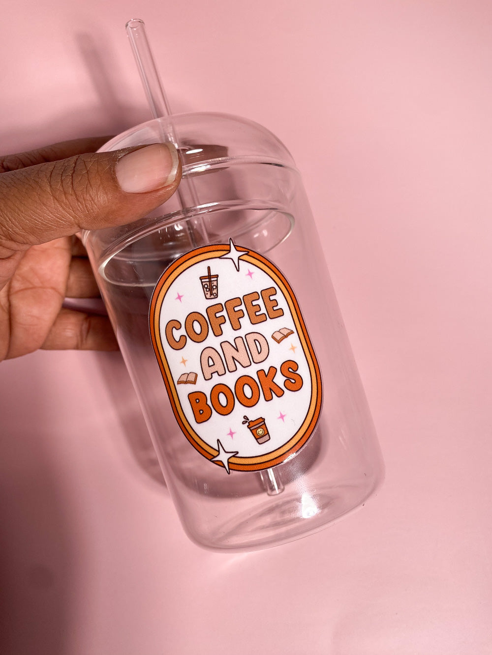 Coffee & Books Glass Cup with Dome Lid and Straw