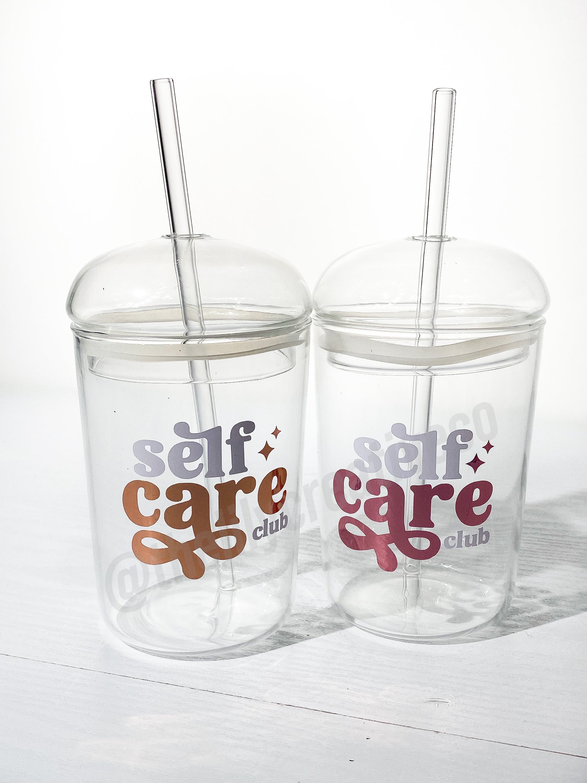 Self care club glass cups with dome lid and straw