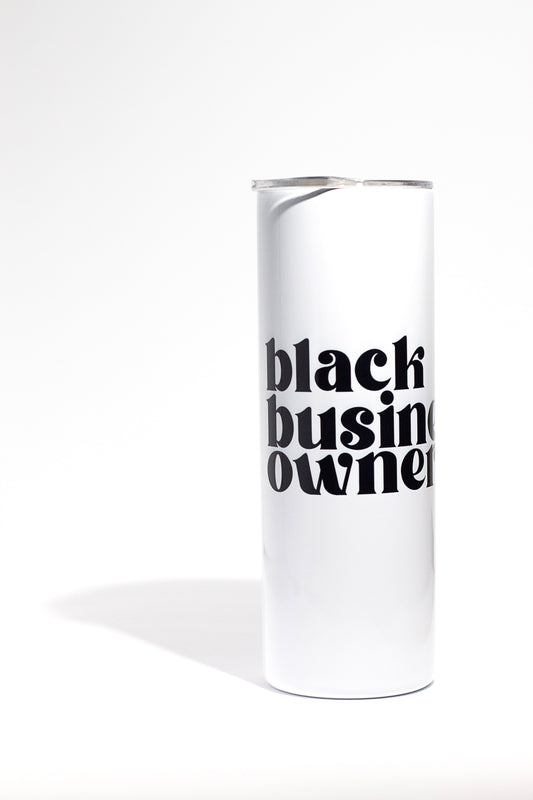 20oz white tumbler with black business owner written in black